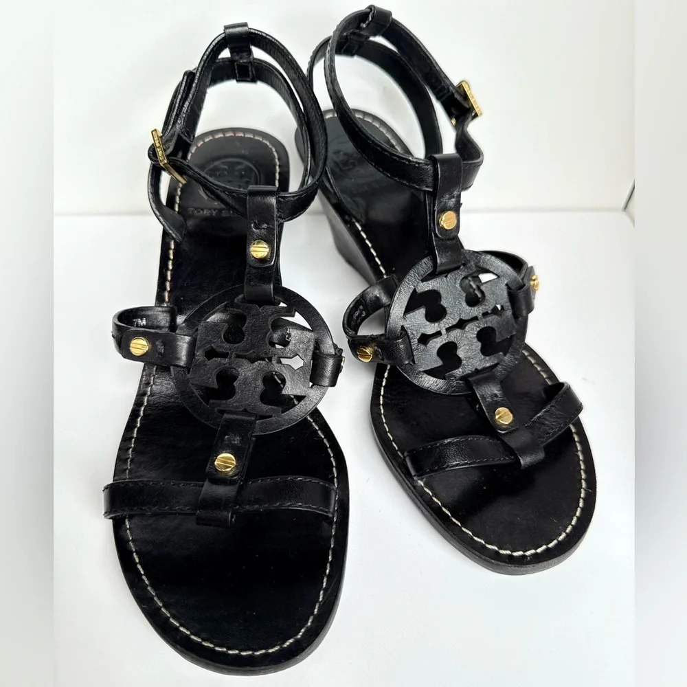 Tory Burch Black Leather Miller Logo Wedge Ankle Strap Sandals Size‎ 7M